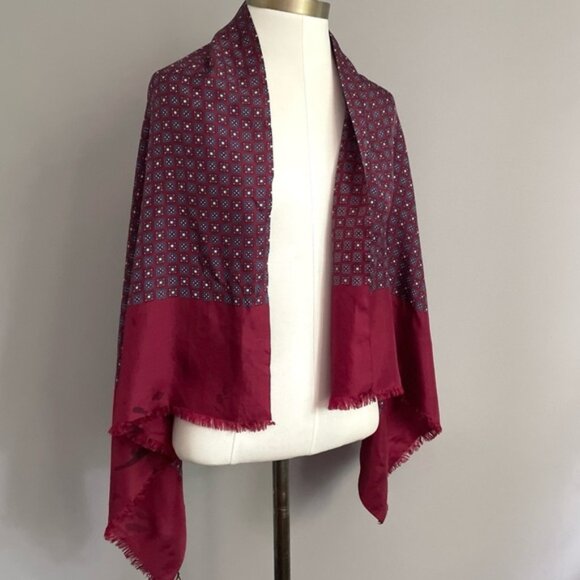 Vintage Burgundy / Navy Blue Silk Fringed Opera Scarf / Shawl - Picture 1 of 7